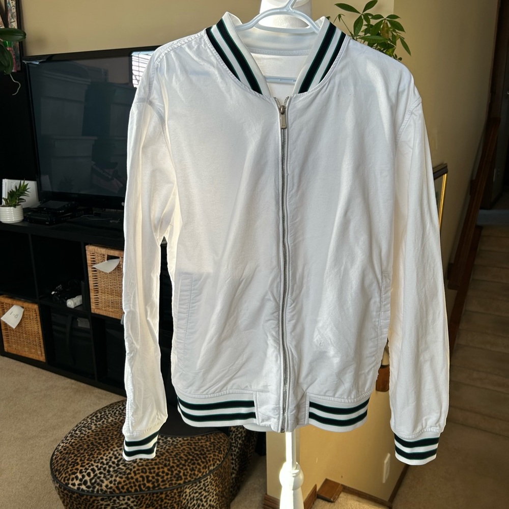 Zara Men’s White Bomber/varsity Jacket with Black and Green Accents